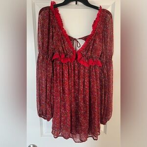 Free People Red Floral Long Sleeve Dress Womens XS